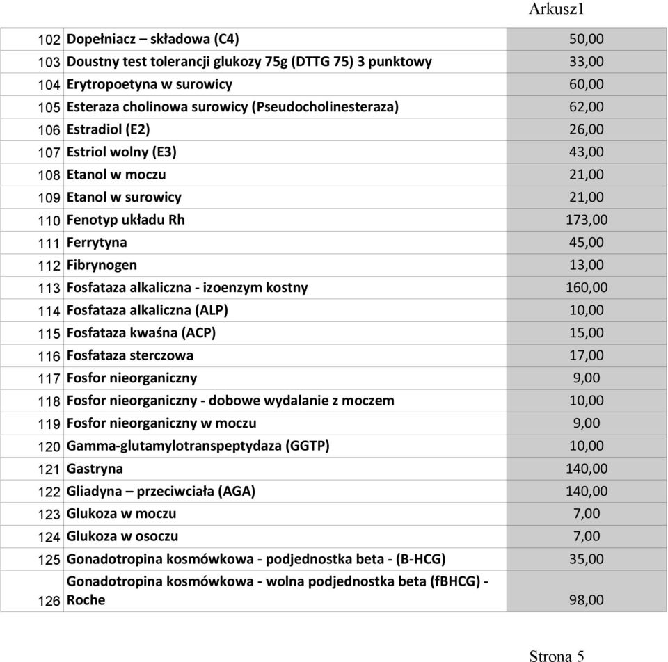 alkaliczna - izoenzym kostny 160,00 114 Fosfataza alkaliczna (ALP) 10,00 115 Fosfataza kwaśna (ACP) 15,00 116 Fosfataza sterczowa 17,00 117 Fosfor nieorganiczny 9,00 118 Fosfor nieorganiczny - dobowe