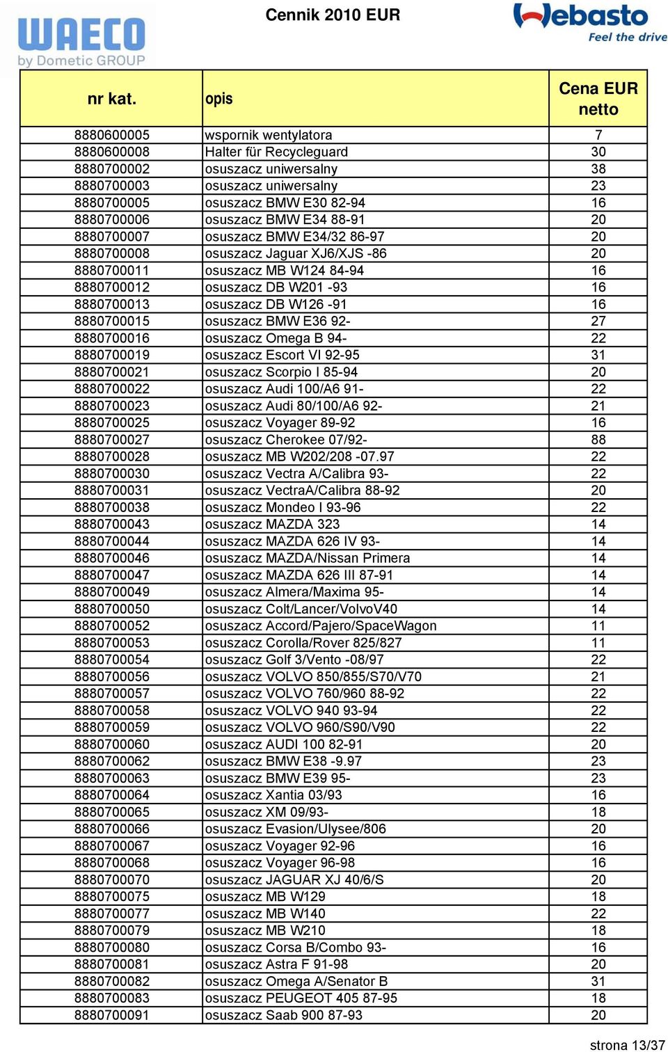 W126-91 16 8880700015 osuszacz BMW E36 92-27 8880700016 osuszacz Omega B 94-22 8880700019 osuszacz Escort VI 92-95 31 8880700021 osuszacz Scorpio I 85-94 20 8880700022 osuszacz Audi 100/A6 91-22