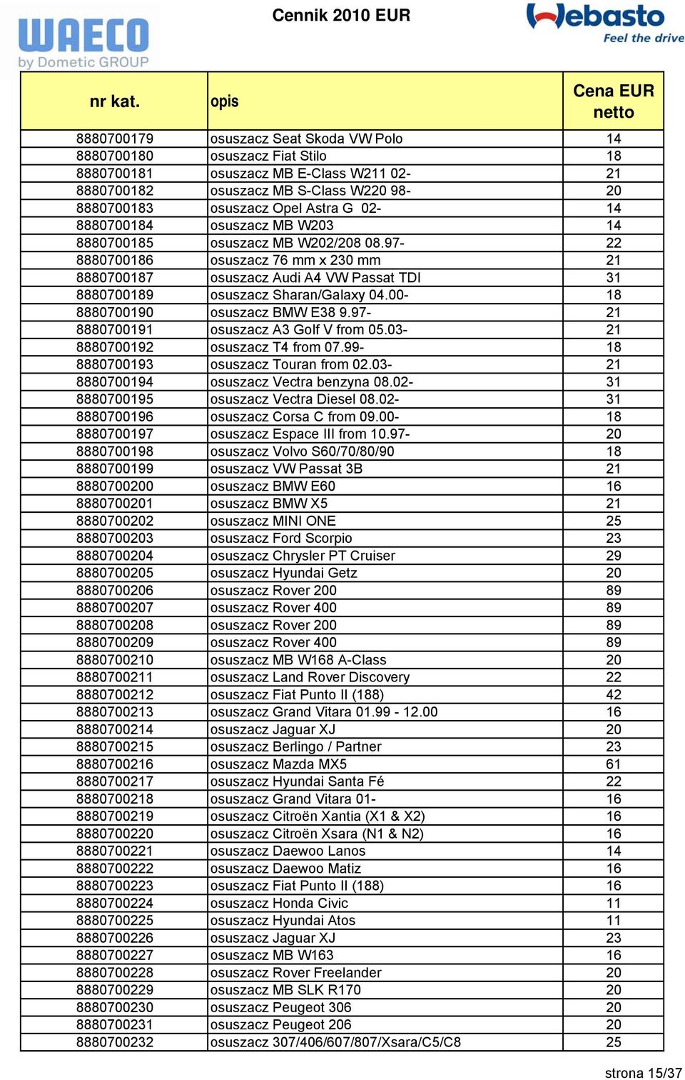 00-18 8880700190 osuszacz BMW E38 9.97-21 8880700191 osuszacz A3 Golf V from 05.03-21 8880700192 osuszacz T4 from 07.99-18 8880700193 osuszacz Touran from 02.