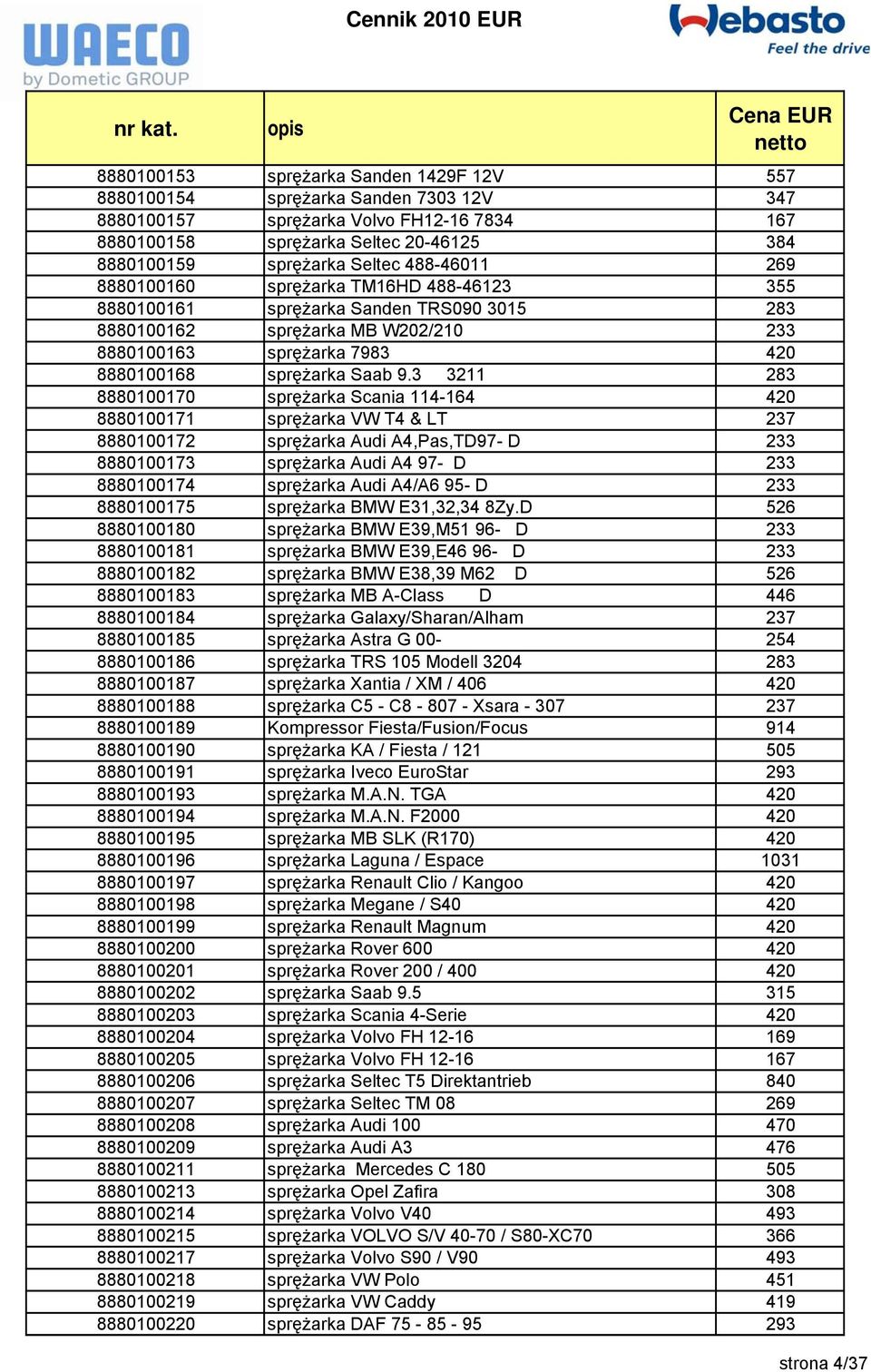 3 3211 283 8880100170 sprężarka Scania 114-164 420 8880100171 sprężarka VW T4 & LT 237 8880100172 sprężarka Audi A4,Pas,TD97- D 233 8880100173 sprężarka Audi A4 97- D 233 8880100174 sprężarka Audi