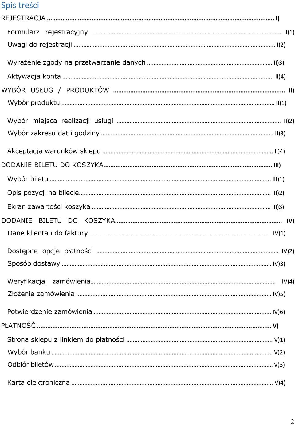 .. III)1) Opis pozycji na bilecie... III)2) Ekran zawartości koszyka... III)3) DODANIE BILETU DO KOSZYKA... IV) Dane klienta i do faktury... IV)1) Dostępne opcje płatności... IV)2) Sposób dostawy.
