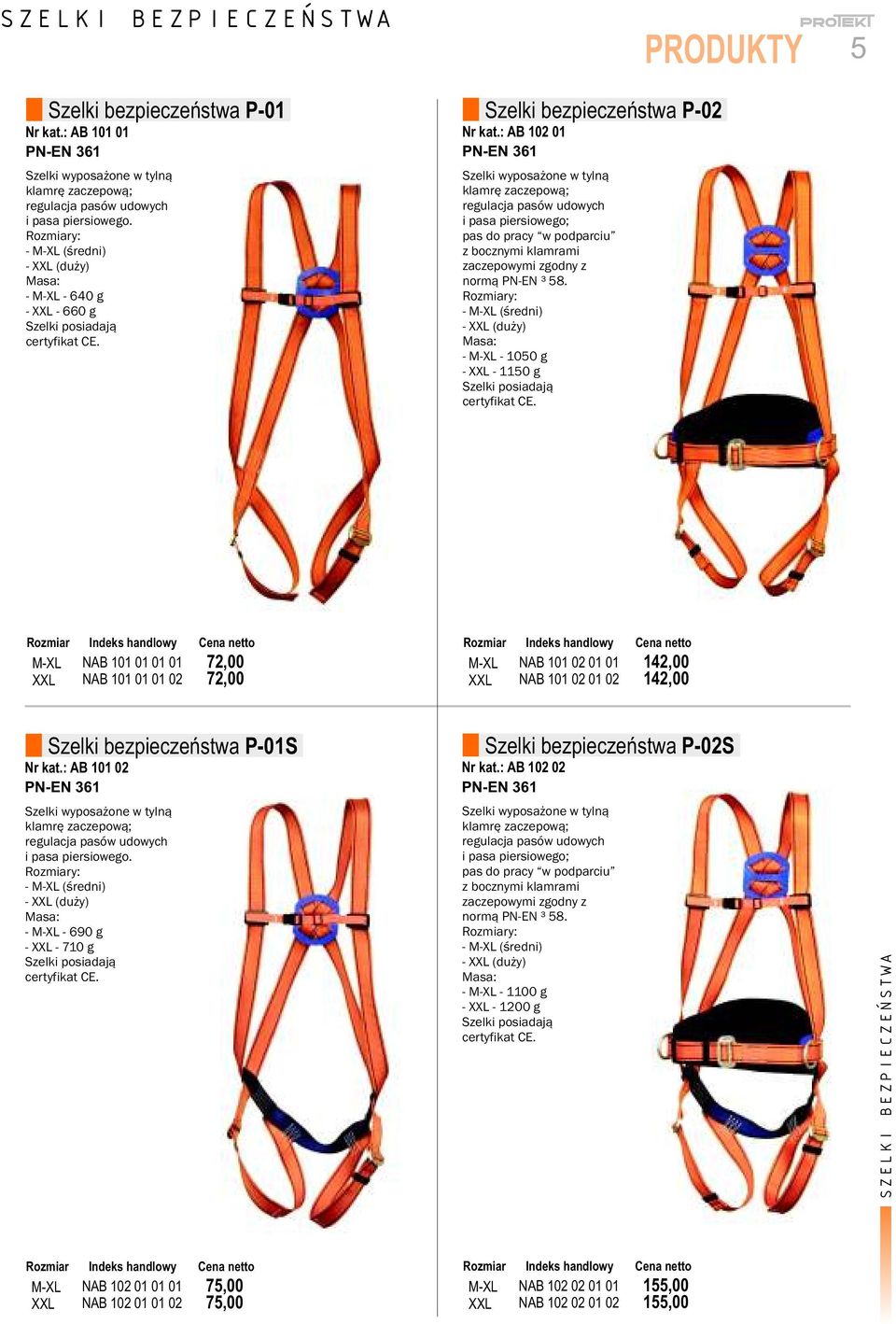 : AB 102 01 Szelki wyposażone w tylną klamrę zaczepową; regulacja pasów udowych i pasa piersiowego; pas do pracy w podparciu z bocznymi klamrami zaczepowymi zgodny z normą PN-EN 3 58.