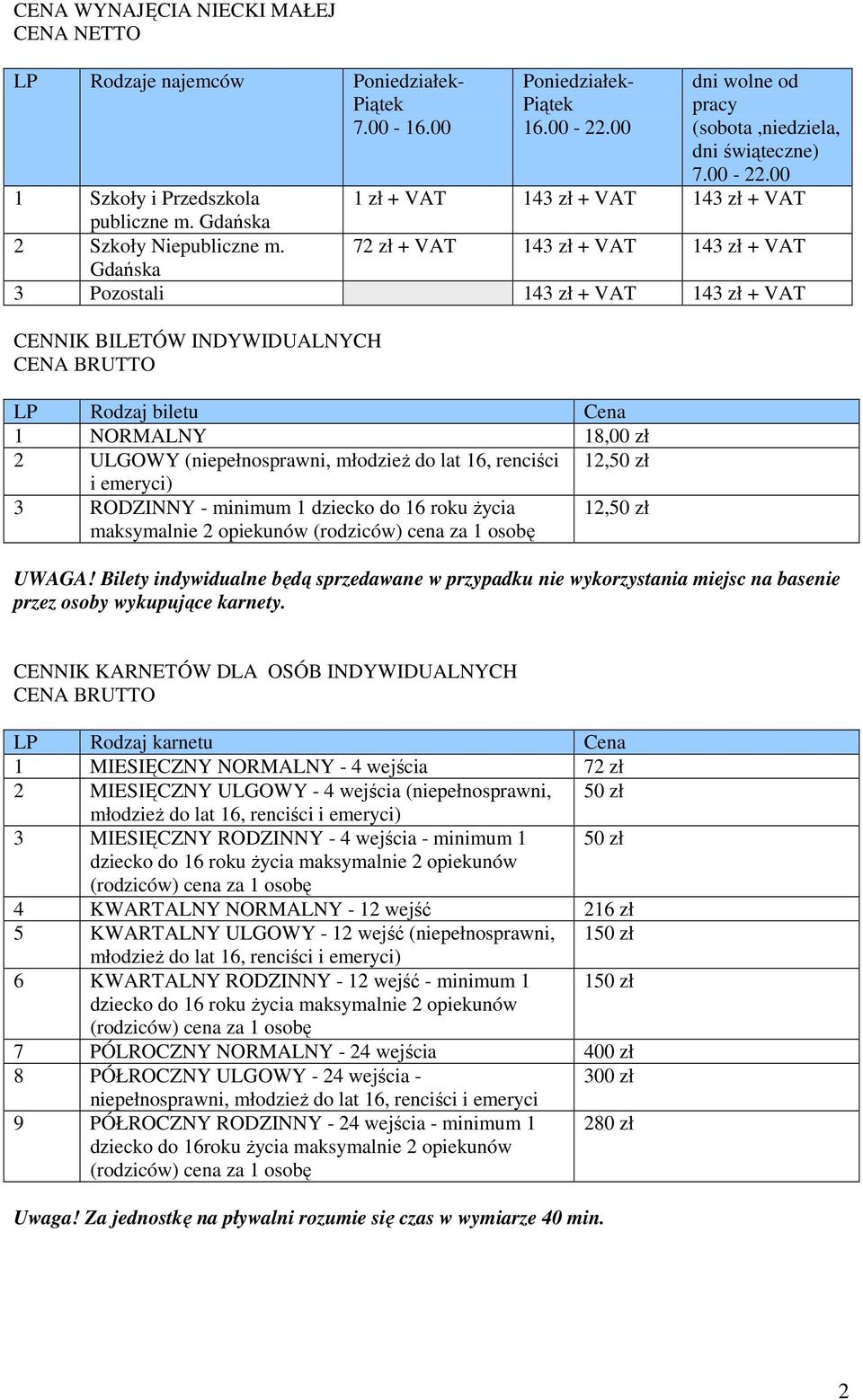 7 zł 43 zł 43 zł Gdańska 3 Pozostali 43 zł 43 zł CENNIK BILETÓW INDYWIDUALNYCH LP Rodzaj biletu Cena NORMALNY 8,00 zł ULGOWY (niepełnosprawni, młodzieŝ do lat 6, renciści,50 zł i emeryci) 3 RODZINNY