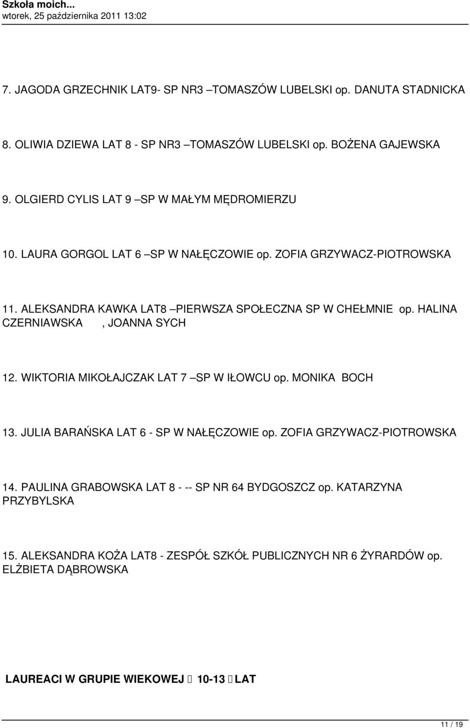 HALINA CZERNIAWSKA, JOANNA SYCH 12. WIKTORIA MIKOŁAJCZAK LAT 7 SP W IŁOWCU op. MONIKA BOCH 13. JULIA BARAŃSKA LAT 6 - SP W NAŁĘCZOWIE op. ZOFIA GRZYWACZ-PIOTROWSKA 14.