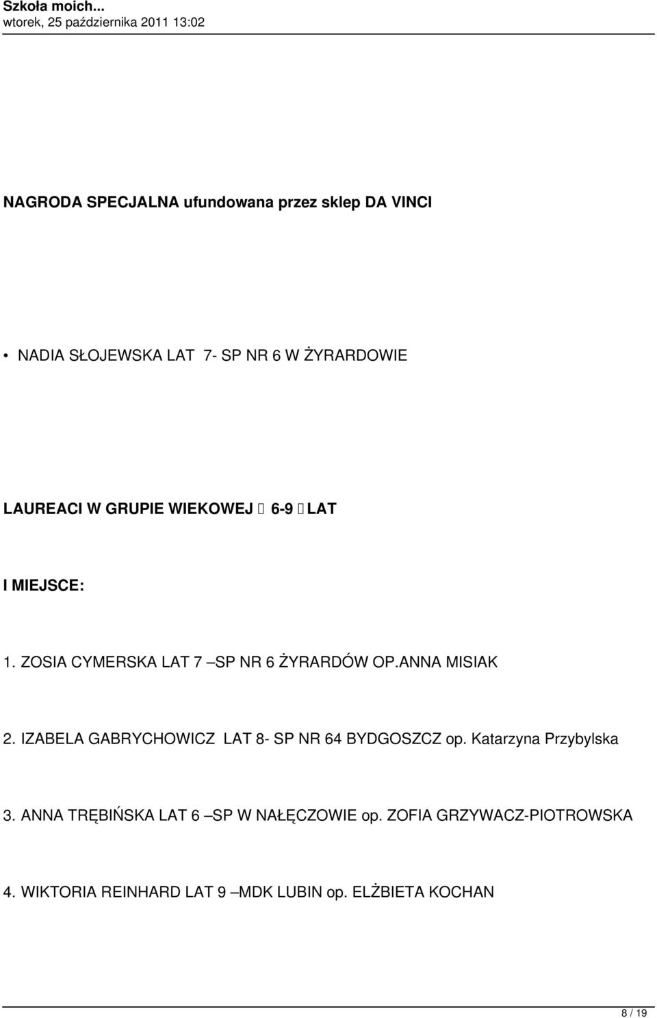 ANNA MISIAK 2. IZABELA GABRYCHOWICZ LAT 8- SP NR 64 BYDGOSZCZ op. Katarzyna Przybylska 3.