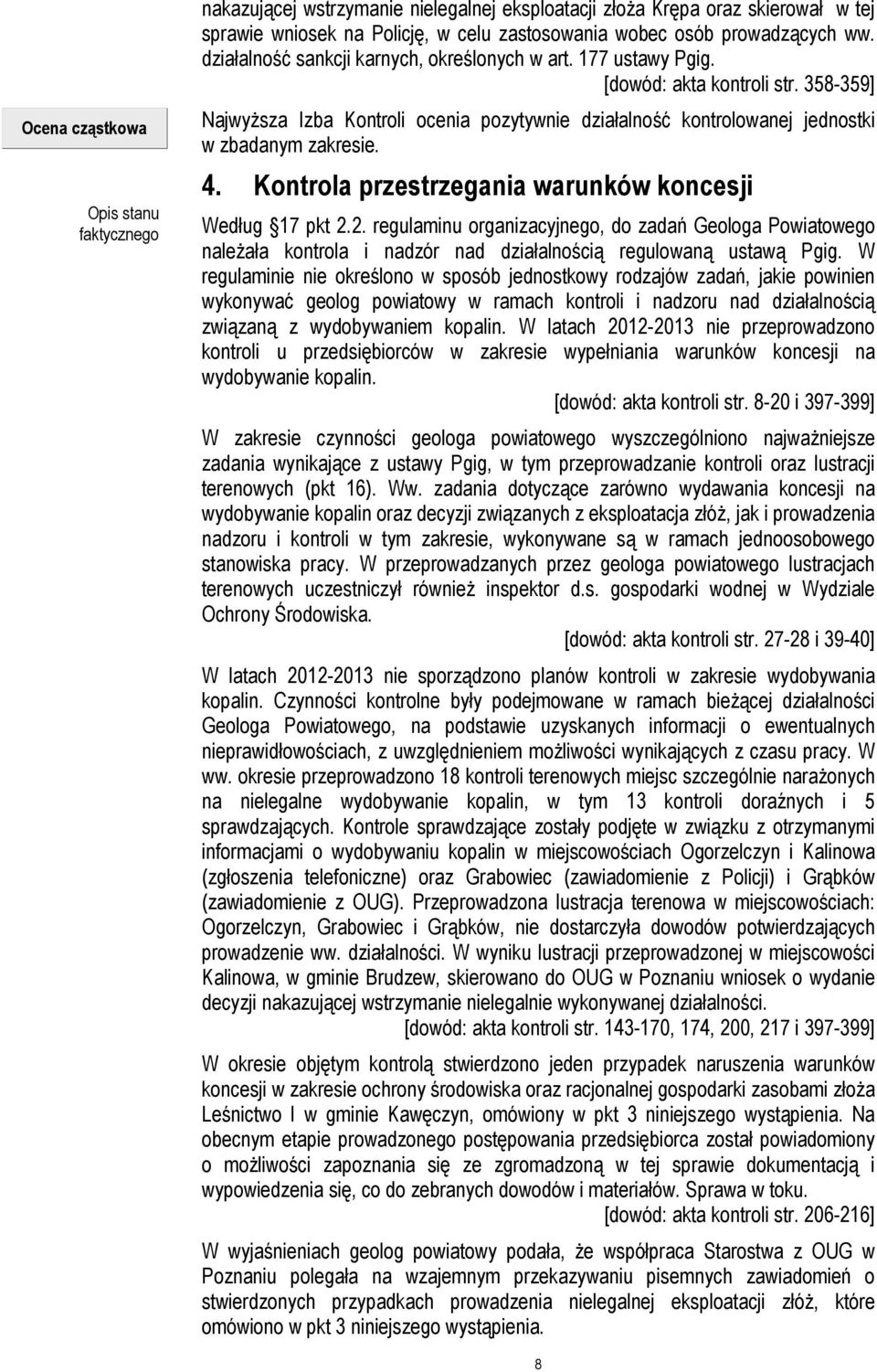 4. Kontrola przestrzegania warunków koncesji Według 17 pkt 2.2. regulaminu organizacyjnego, do zadań Geologa Powiatowego należała kontrola i nadzór nad działalnością regulowaną ustawą Pgig.