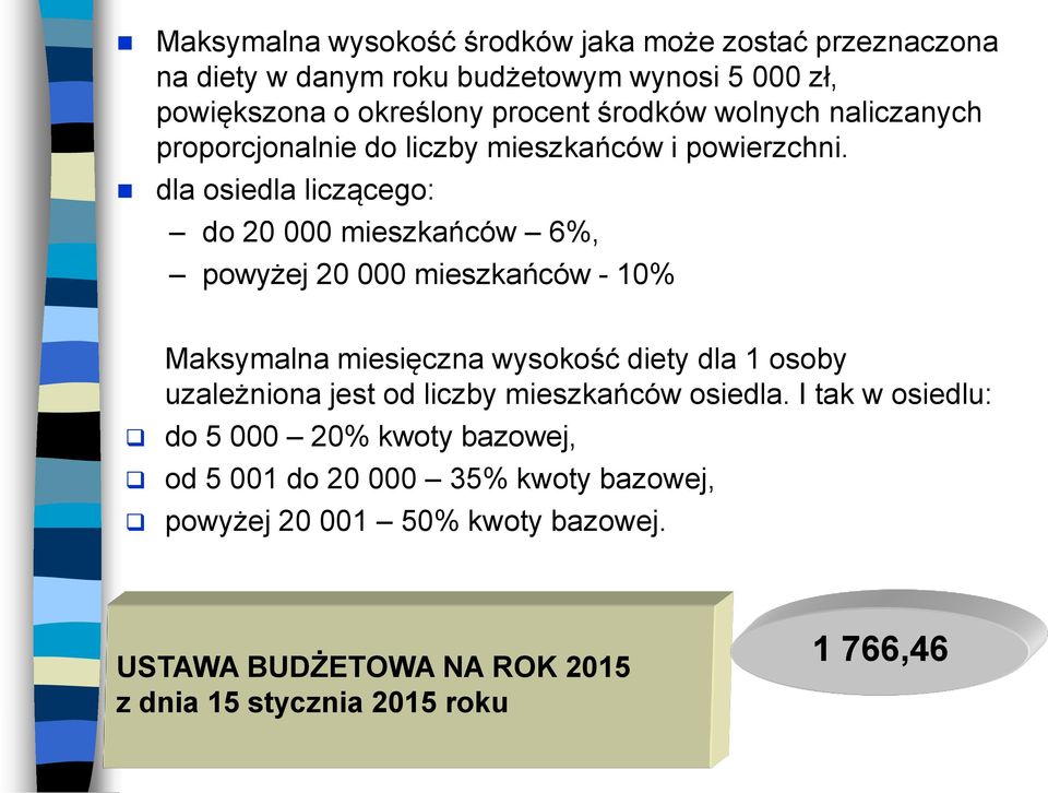 dla osiedla liczącego: do 20 000 mieszkańców 6%, powyżej 20 000 mieszkańców - 10% Maksymalna miesięczna wysokość diety dla 1 osoby uzależniona