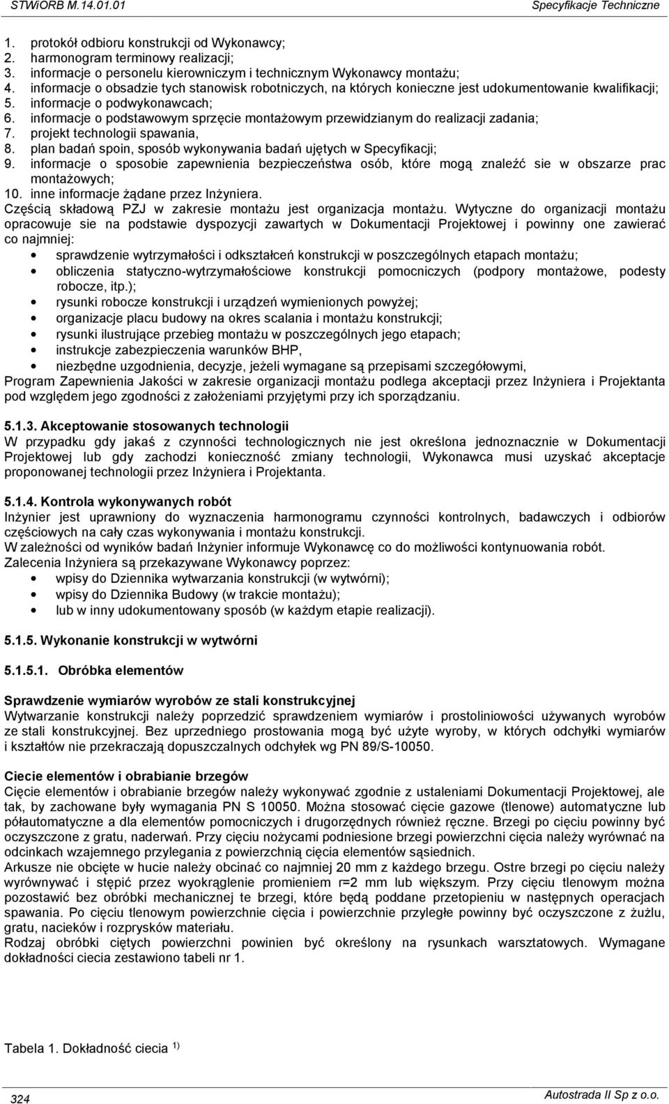 informacje o podstawowym sprzęcie montażowym przewidzianym do realizacji zadania; 7. projekt technologii spawania, 8. plan badań spoin, sposób wykonywania badań ujętych w Specyfikacji; 9.