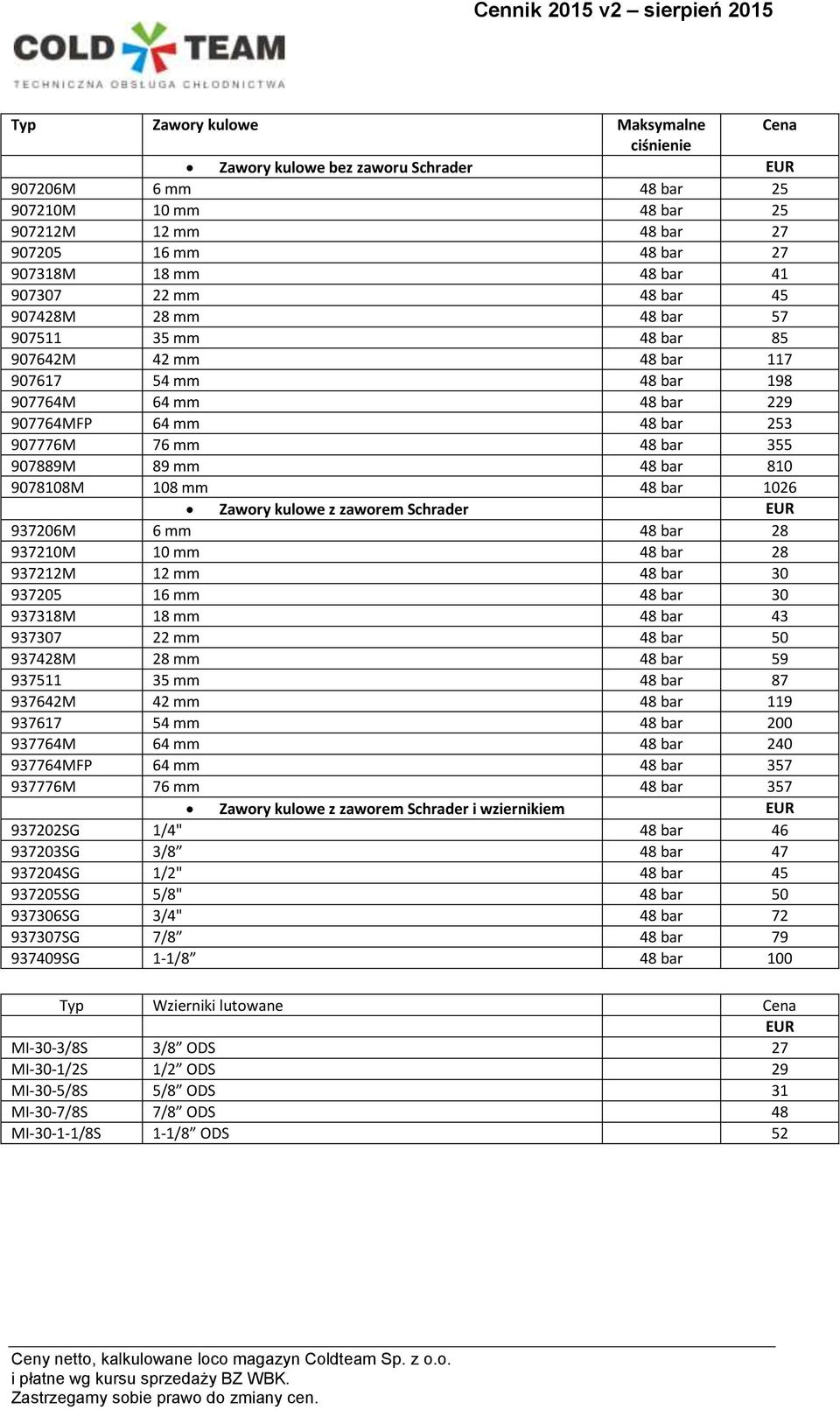 907889M 89 mm 48 bar 810 9078108M 108 mm 48 bar 1026 Zawory kulowe z zaworem Schrader EUR 937206M 6 mm 48 bar 28 937210M 10 mm 48 bar 28 937212M 12 mm 48 bar 30 937205 16 mm 48 bar 30 937318M 18 mm