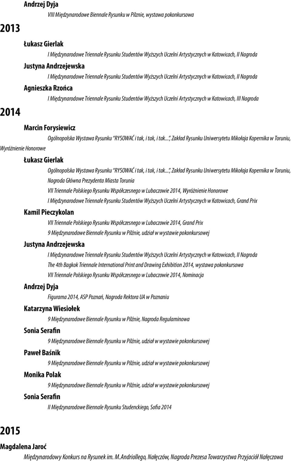 .., Zakład Rysunku Uniwersytetu Mikołaja Kopernika w Toruniu, Nagroda Główna Prezydenta Miasta Torunia VII Triennale Polskiego Rysunku Współczesnego w Lubaczowie 2014, Wyróżnienie Honorowe I