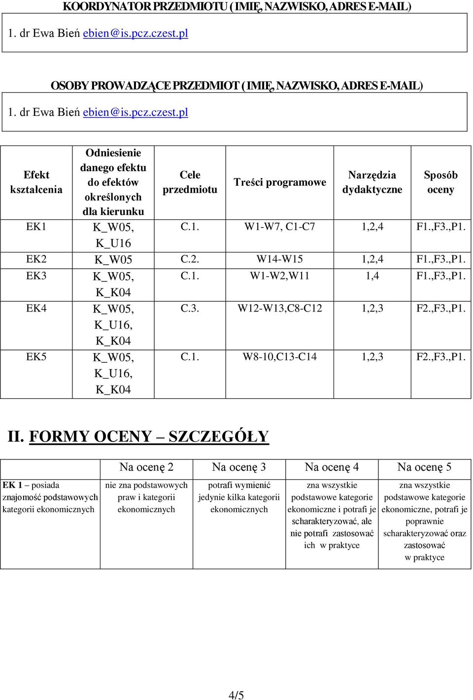 pl Efekt kształcenia EK1 Odniesienie danego efektu do efektów określonych dla kierunku K_U16 Cele przedmiotu Treści programowe Narzędzia dydaktyczne Sposób oceny C.1. W1-W7, C1-C7 1,2,4 F1.,F3.,P1.