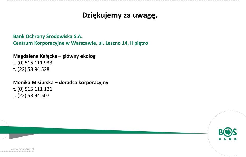 Leszno 14, II piętro Magdalena Kałęcka główny ekolog t.