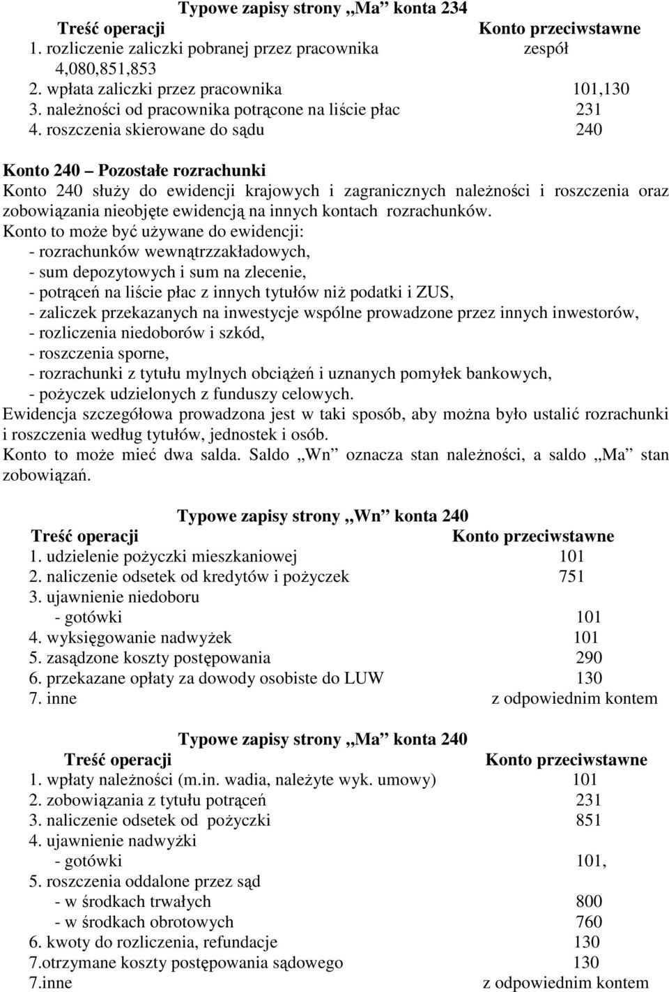 roszczenia skierowane do sądu 240 Konto 240 Pozostałe rozrachunki Konto 240 służy do ewidencji krajowych i zagranicznych należności i roszczenia oraz zobowiązania nieobjęte ewidencją na innych