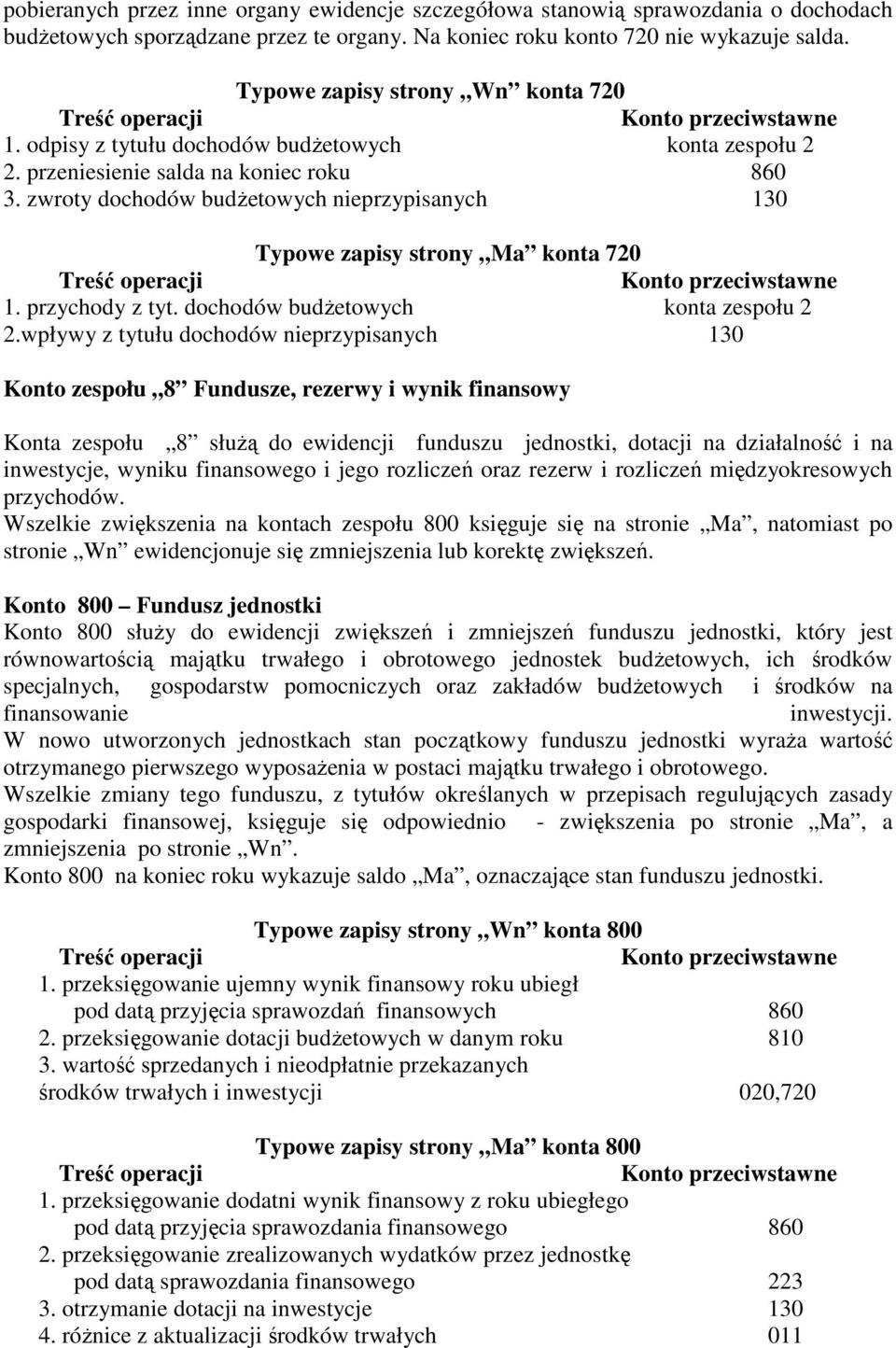 zwroty dochodów budżetowych nieprzypisanych 130 Typowe zapisy strony Ma konta 720 1. przychody z tyt. dochodów budżetowych konta zespołu 2 2.