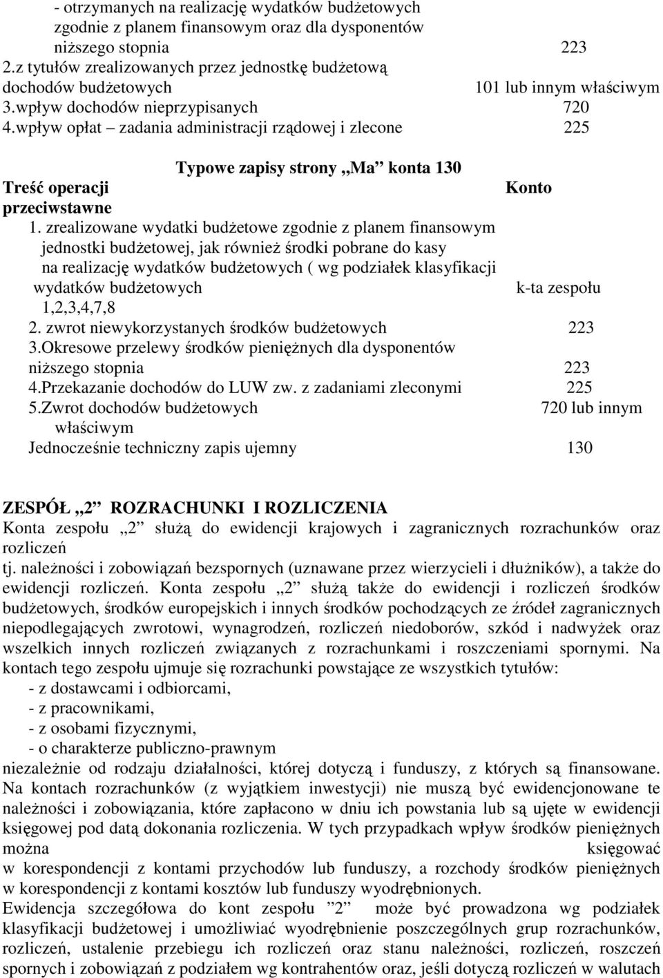 wpływ opłat zadania administracji rządowej i zlecone 225 Typowe zapisy strony Ma konta 130 Konto przeciwstawne 1.