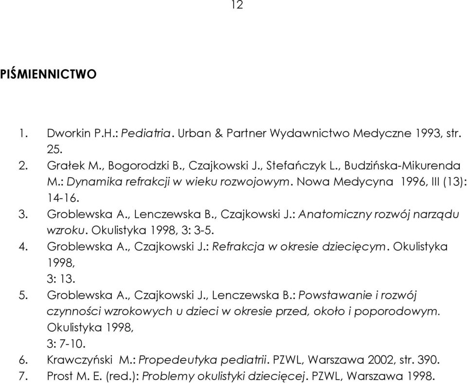 Groblewska A., Czajkowski J.: Refrakcja w okresie dziecięcym. Okulistyka 1998, 3: 13. 5. Groblewska A., Czajkowski J., Lenczewska B.