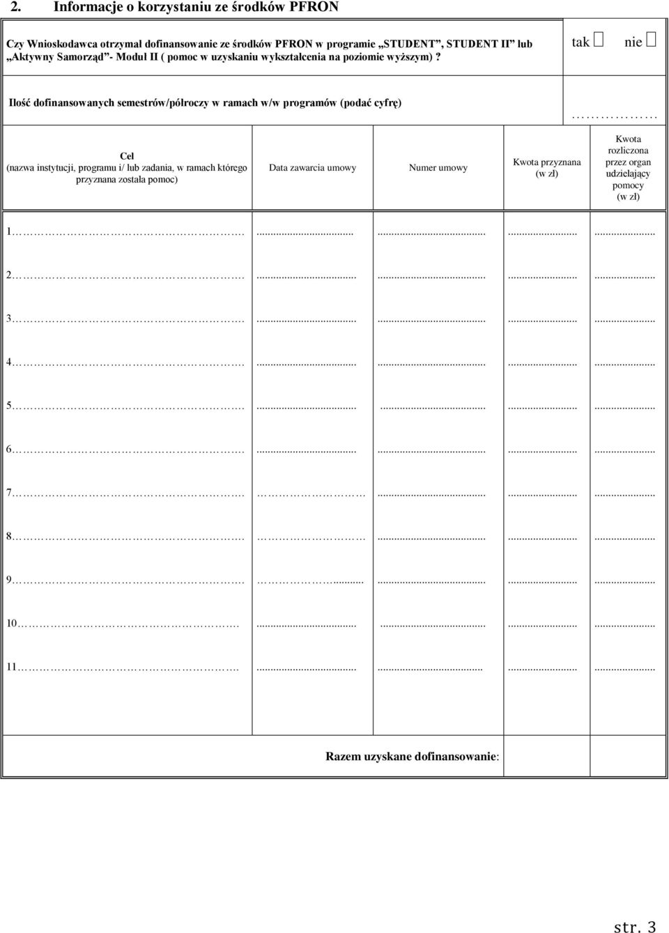 tak nie Ilość dofinansowanych semestrów/półroczy w ramach w/w programów (podać cyfrę) Cel (nazwa instytucji, programu i/ lub zadania, w ramach którego przyznana