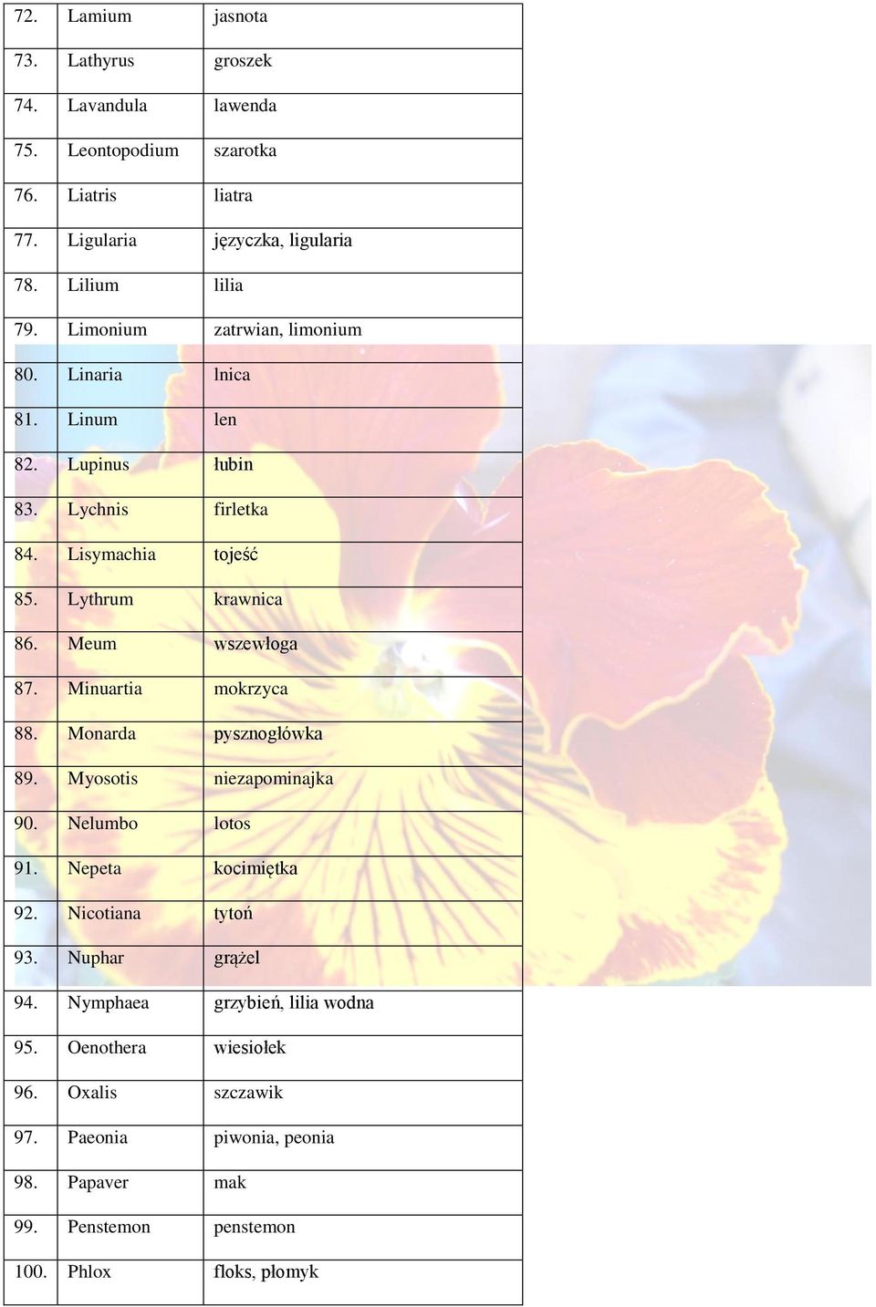 Meum wszewłoga 87. Minuartia mokrzyca 88. Monarda pysznogłówka 89. Myosotis niezapominajka 90. Nelumbo lotos 91. Nepeta kocimiętka 92. Nicotiana tytoń 93.