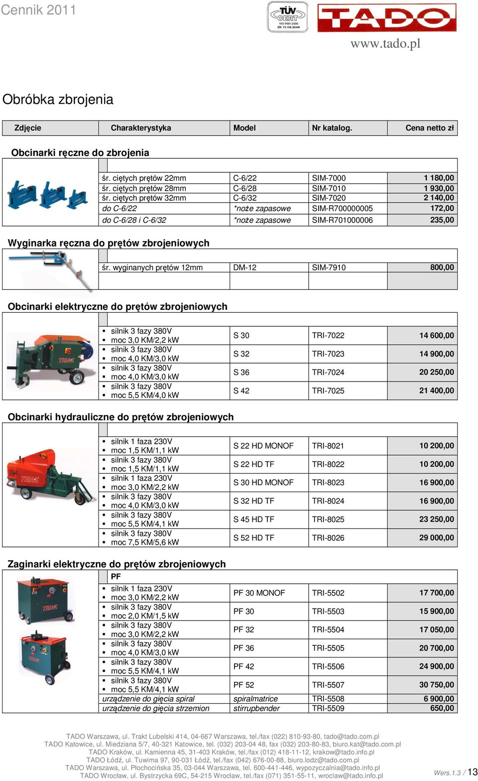 ciętych prętów 32mm C-6/32 SIM-7020 2 140,00 do C-6/22 *noŝe zapasowe SIM-R700000005 172,00 do C-6/28 i C-6/32 *noŝe zapasowe SIM-R701000006 235,00 Wyginarka ręczna do prętów zbrojeniowych śr.
