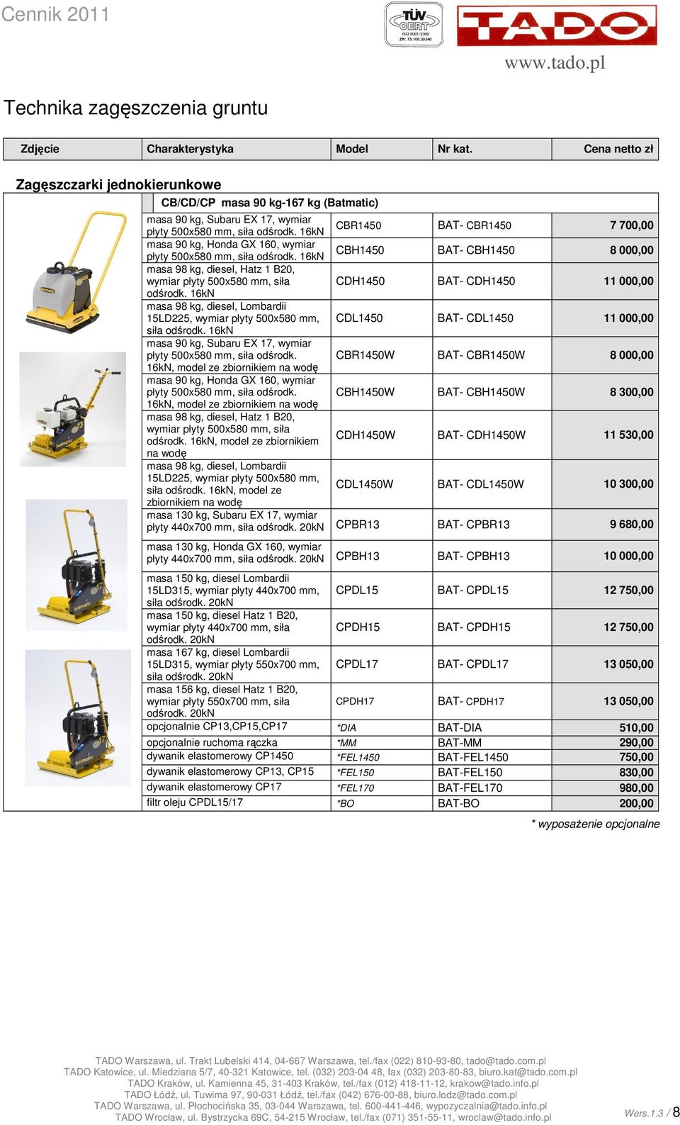 16kN CBR1450 BAT- CBR1450 7 700,00 masa 90 kg, Honda GX 160, wymiar płyty 500x580 mm, siła odśrodk.