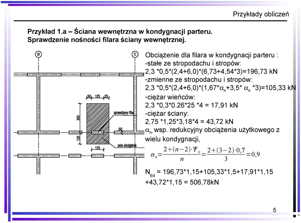 stropodachu i stropów: 2,3 *0,5*(2,4+6,0)*(1,67*α n +3,5* α n *3)=105,33 kn -ciężar wieńców: 2,3 *0,3*0.