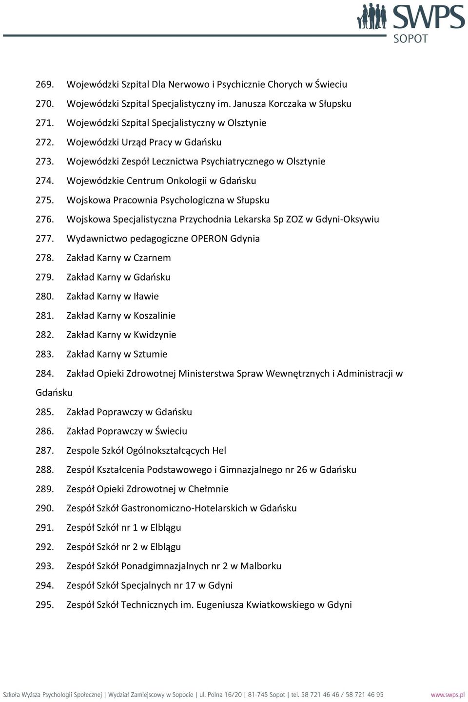 Wojskowa Specjalistyczna Przychodnia Lekarska Sp ZOZ w Gdyni-Oksywiu 277. Wydawnictwo pedagogiczne OPERON Gdynia 278. Zakład Karny w Czarnem 279. Zakład Karny w Gdańsku 280. Zakład Karny w Iławie 281.