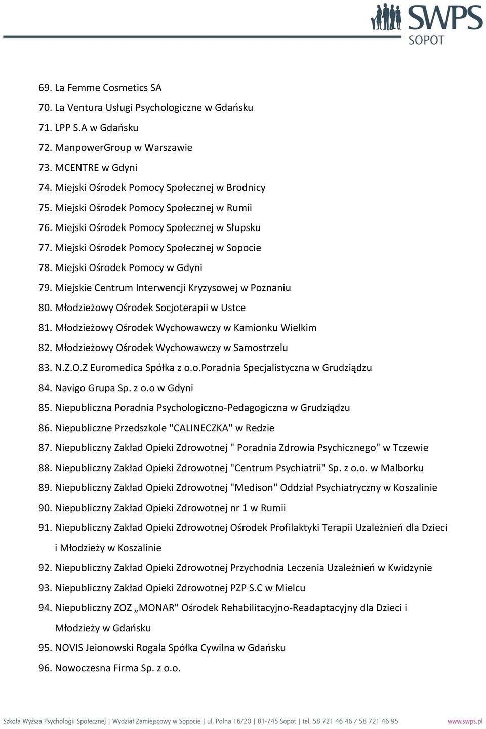 Miejskie Centrum Interwencji Kryzysowej w Poznaniu 80. Młodzieżowy Ośrodek Socjoterapii w Ustce 81. Młodzieżowy Ośrodek Wychowawczy w Kamionku Wielkim 82.