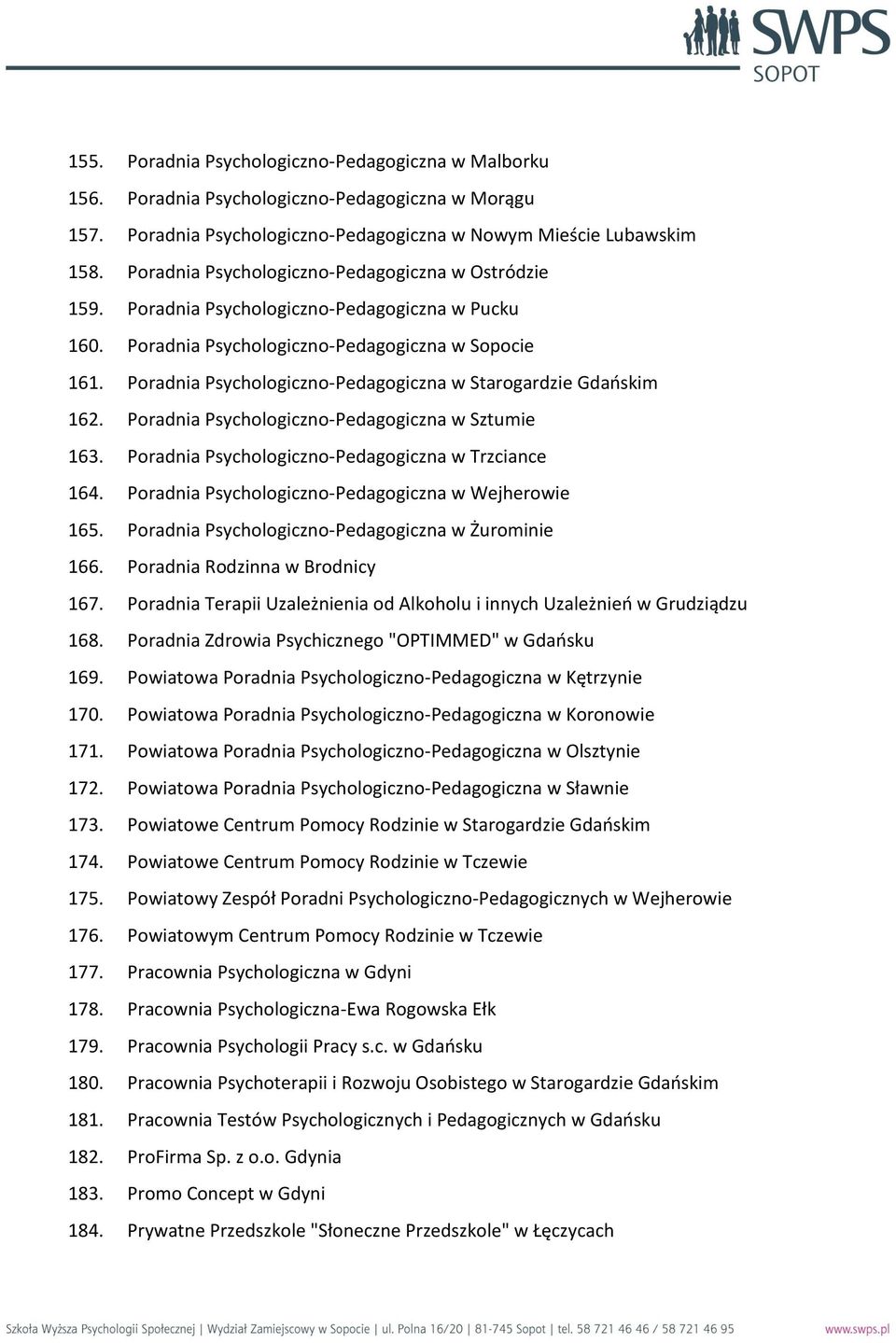 Poradnia Psychologiczno-Pedagogiczna w Starogardzie Gdańskim 162. Poradnia Psychologiczno-Pedagogiczna w Sztumie 163. Poradnia Psychologiczno-Pedagogiczna w Trzciance 164.