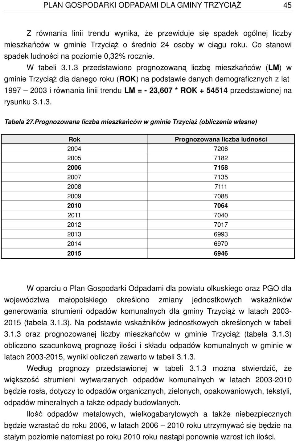 3 przedstawiono prognozowaną liczbę mieszkańców (LM) w gminie TrzyciąŜ dla danego roku (ROK) na podstawie danych demograficznych z lat 1997 2003 i równania linii trendu LM = - 23,607 * ROK + 54514