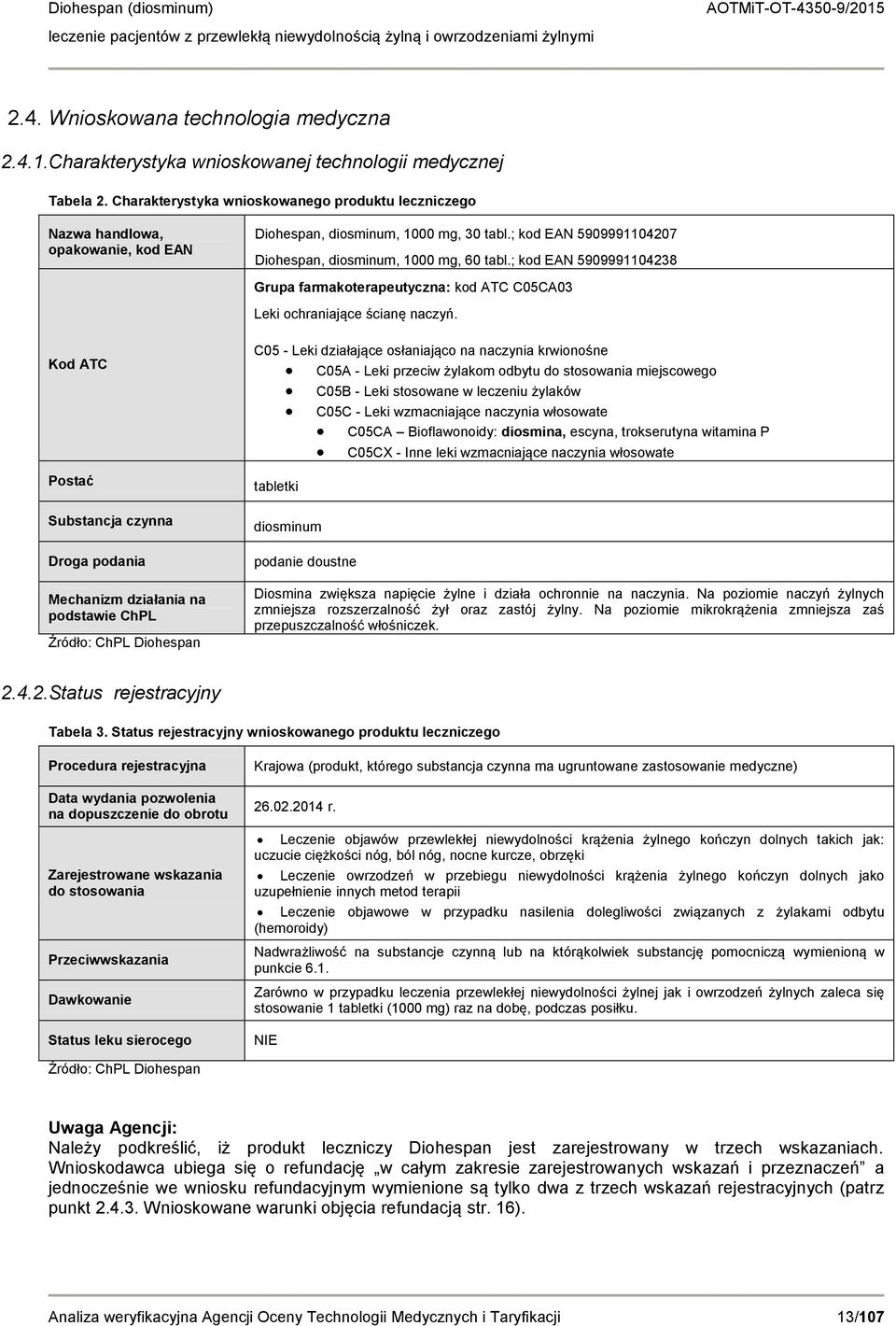 Diohespan, diosminum, 1000 mg, 30 tabl.; kod EAN 5909991104207 Diohespan, diosminum, 1000 mg, 60 tabl.
