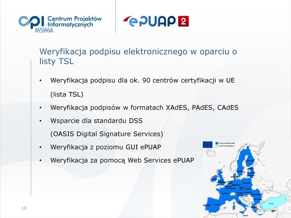 90 centrów certyfikacji w UE (lista TSL) Weryfikacja podpisów w formatach