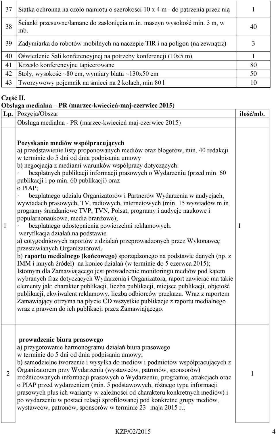 wysokość ~80 cm, wymiary blatu ~30x50 cm 50 43 Tworzywowy pojemnik na śmieci na 2 kołach, min 80 l 0 Część II. Obsługa medialna PR (marzec-kwiecień-maj-czerwiec 205) Lp.