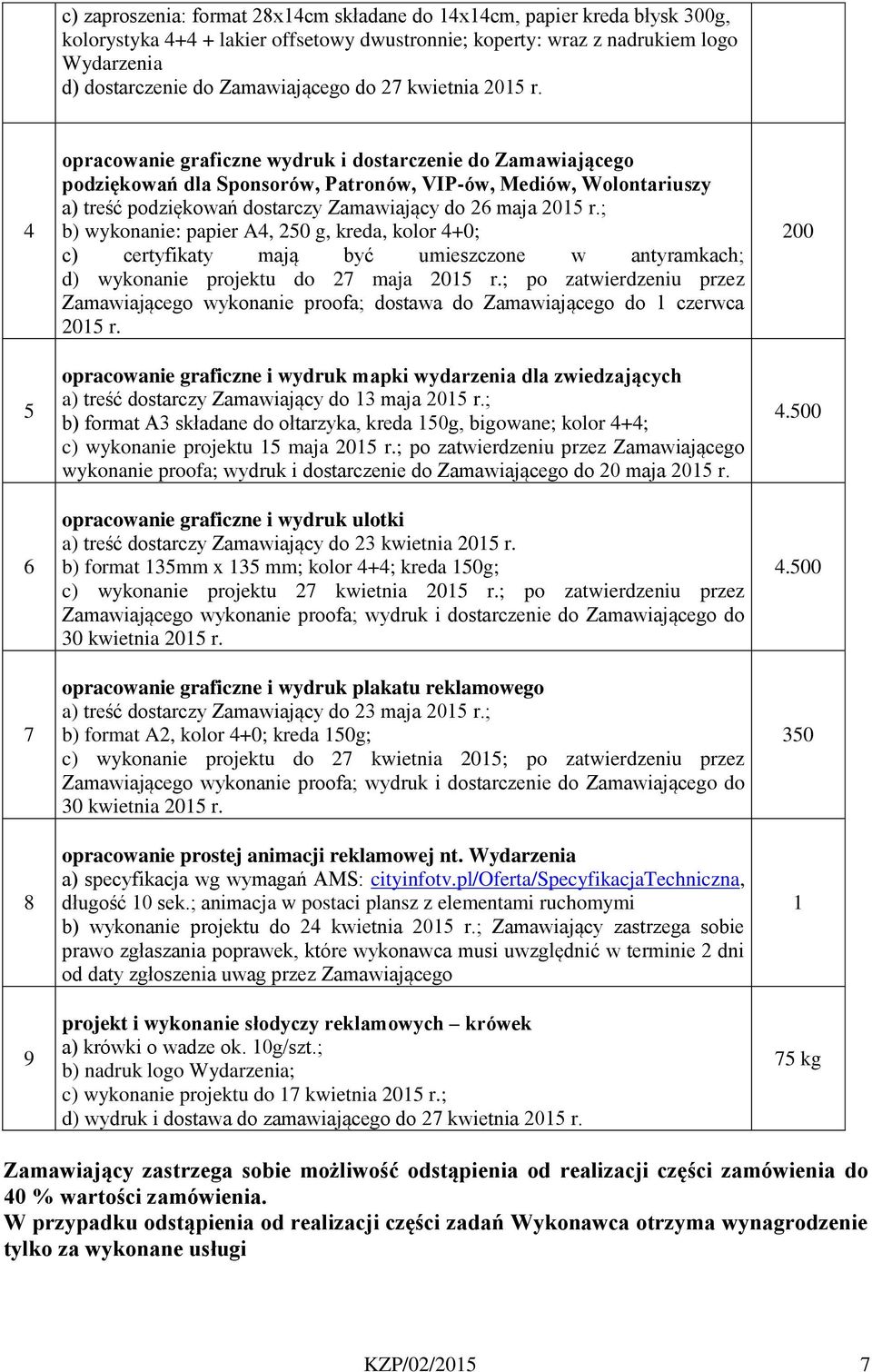 4 5 6 7 8 9 opracowanie graficzne wydruk i dostarczenie do Zamawiającego podziękowań dla Sponsorów, Patronów, VIP-ów, Mediów, Wolontariuszy a) treść podziękowań dostarczy Zamawiający do 26 maja 205 r.