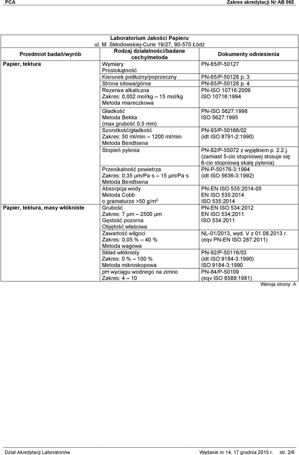 4 Rezerwa alkaliczna PN-ISO 10716:2009 Zakres: 0,002 mol/kg 15 mol/kg ISO 10716:1994 Metoda miareczkowa Gładkość Metoda Bekka (max grubość 0,5 mm) Szorstkość/gładkość Zakres: 50 ml/min 1200 ml/min