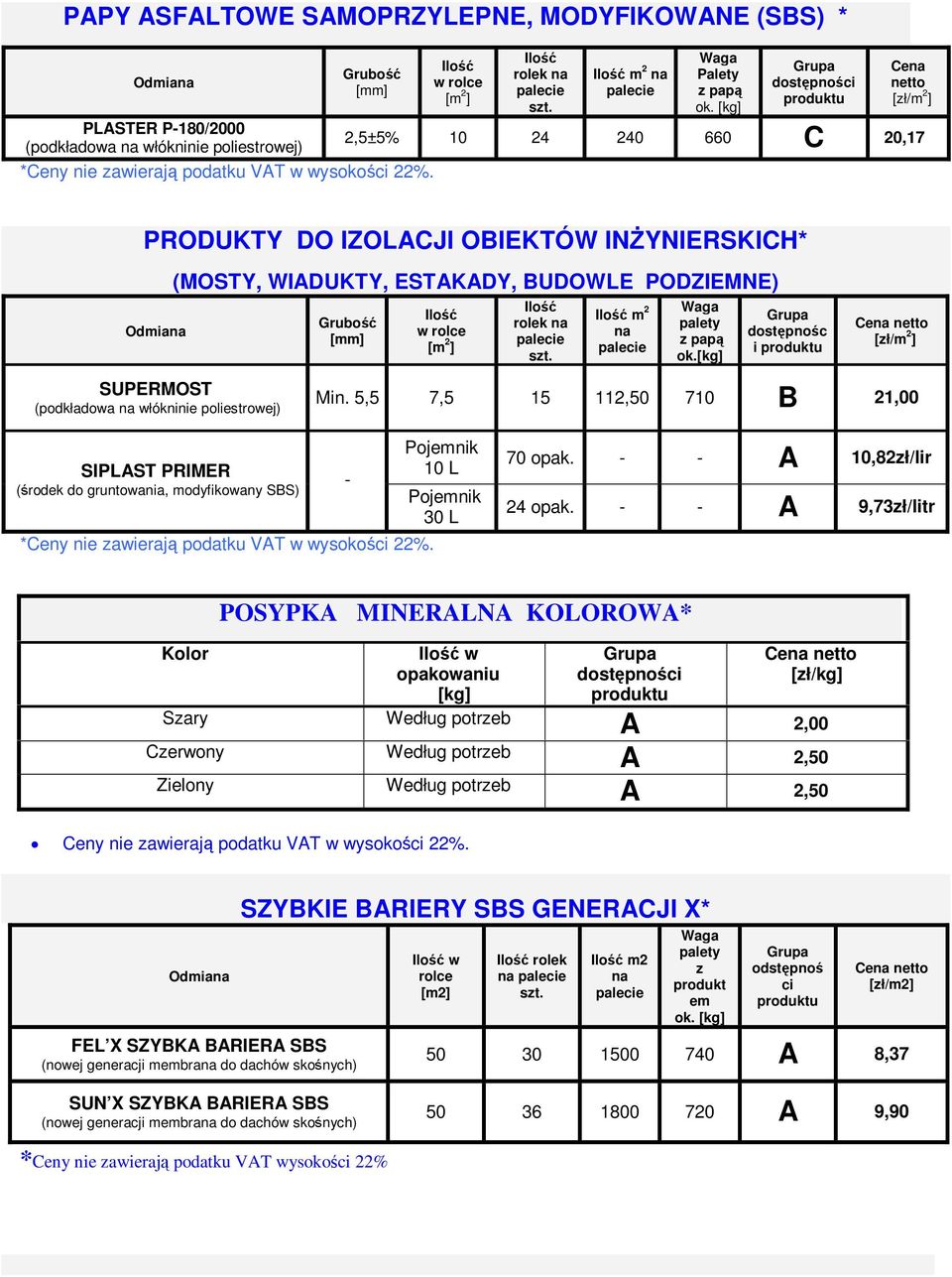 - - A 9,73zł/litr Kolor POSYPKA MINERALNA KOLOROWA* w opakowaniu [kg] [zł/kg] Szary Według potrzeb A 2,00 Czerwony Według potrzeb A 2,50 Zielony Według potrzeb A 2,50 Ceny nie zawierają podatku VAT w