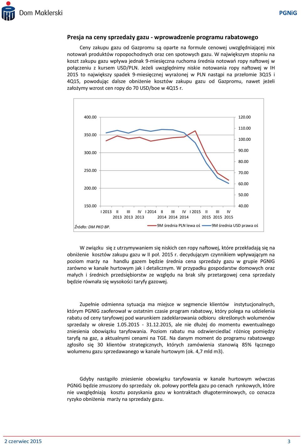 Jeżeli uwzględnimy niskie notowania ropy naftowej w IH 2015 to największy spadek 9-miesięcznej wyrażonej w PLN nastąpi na przełomie 3Q15 i 4Q15, powodując dalsze obniżenie kosztów zakupu gazu od