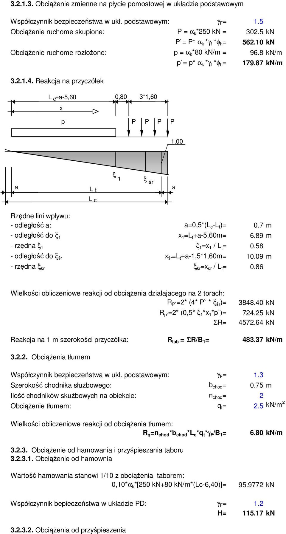 Reakcja na przyczółek L c+a-5,60 0,80 3*1,60 x p P P P P 1,00 a L t ξ 1 ξ śr a L c Rzędne lini wpływu: - odległość a: a=0,5*(l c -L t )= 0.7 m - odległość do ξ 1 x 1 =L t +a-5,60m= 6.