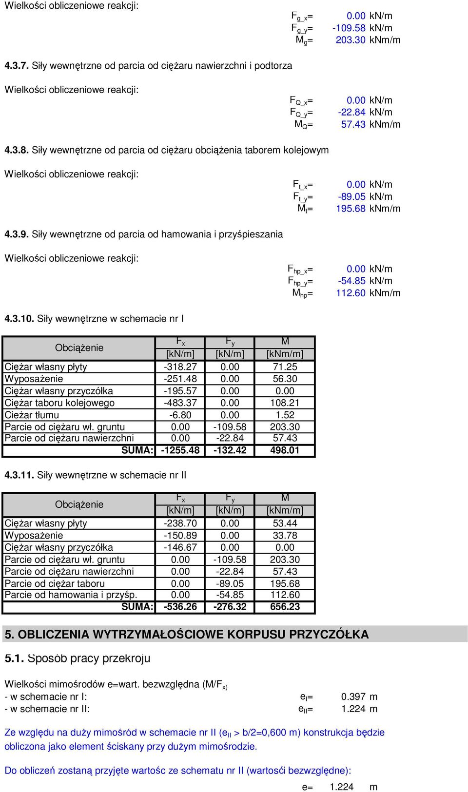 kn/m 57.43 knm/m 4.3.8. Siły wewnętrzne od parcia od cięŝaru obciąŝenia taborem kolejowym Wielkości obliczeniowe reakcji: 4.3.9.