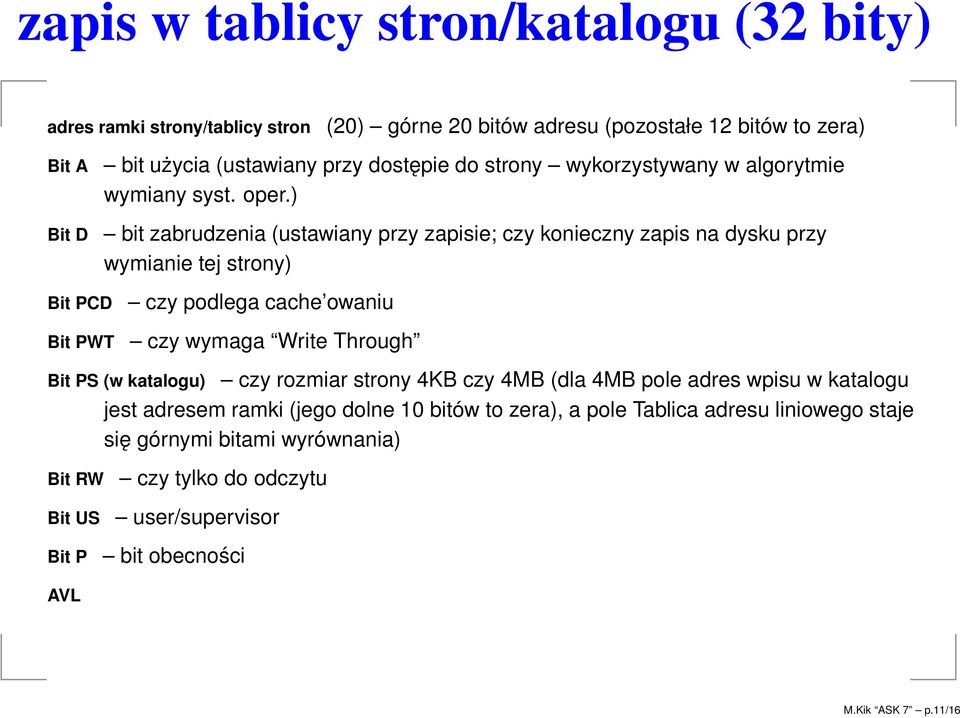 ) bit zabrudzenia (ustawiany przy zapisie; czy konieczny zapis na dysku przy wymianie tej strony) Bit PS (w katalogu) Bit RW Bit US Bit P AVL czy podlega cache owaniu czy