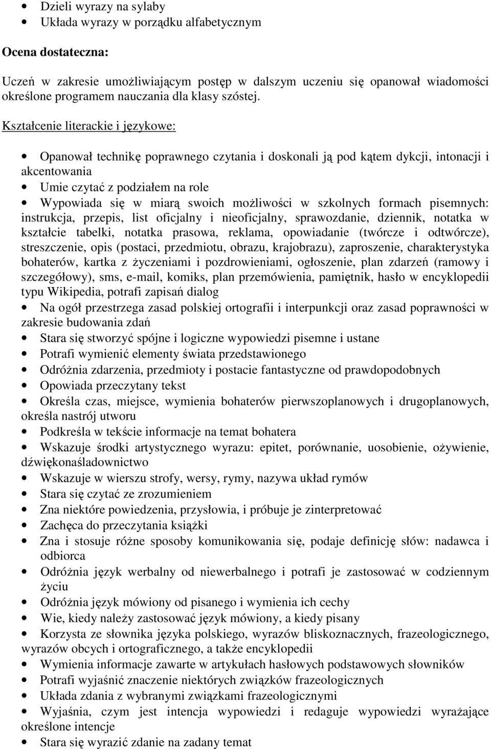 Kształcenie literackie i językowe: Opanował technikę poprawnego czytania i doskonali ją pod kątem dykcji, intonacji i akcentowania Umie czytać z podziałem na role Wypowiada się w miarą swoich