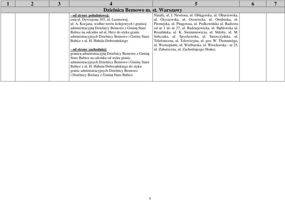 Hubala-Dobrzańskiego granicą administracyjną Dzielnicy Bemowo z Gminą Stare Babice na odcinku od styku granic administracyjnych Dzielnicy Bemowo i Gminy Stare Babice z ul. H.