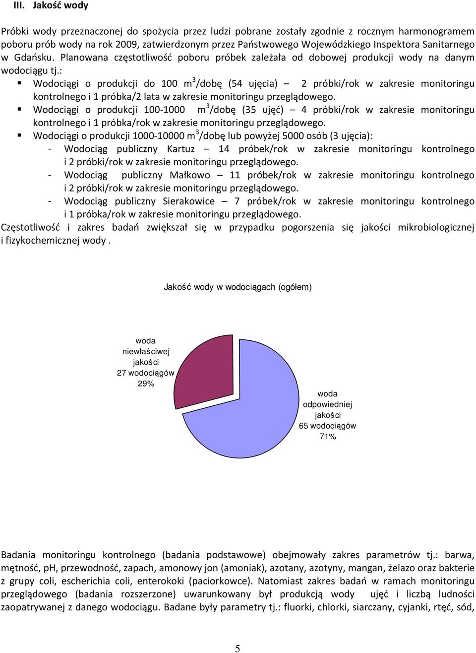 : Wodociągi o produkcji do 100 m 3 /dobę (54 ujęcia) 2 próbki/rok w zakresie monitoringu kontrolnego i 1 próbka/2 lata w zakresie monitoringu przeglądowego.