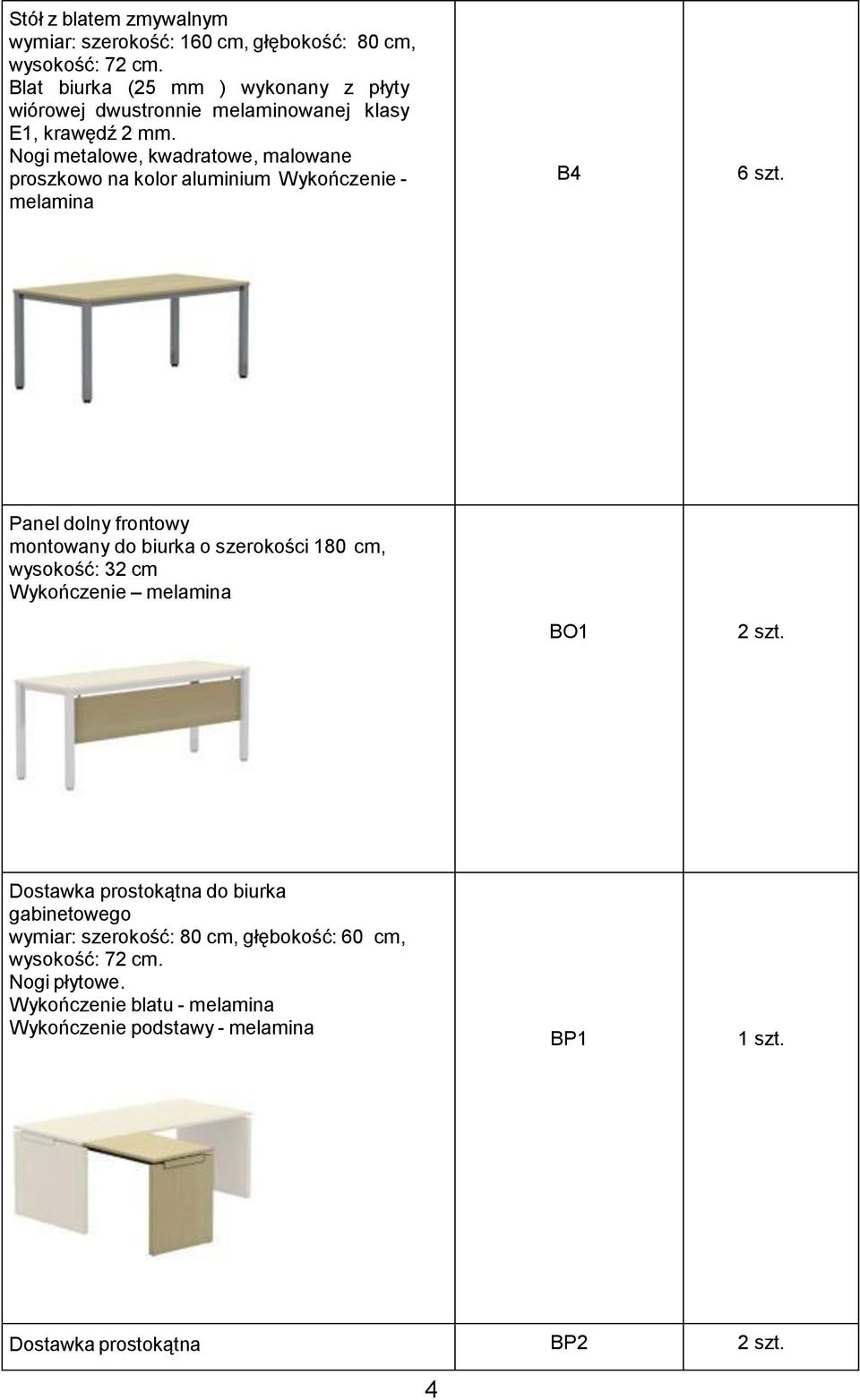 Nogi metalowe, kwadratowe, malowane proszkowo na kolor aluminium Wykończenie - melamina B4 6 szt.