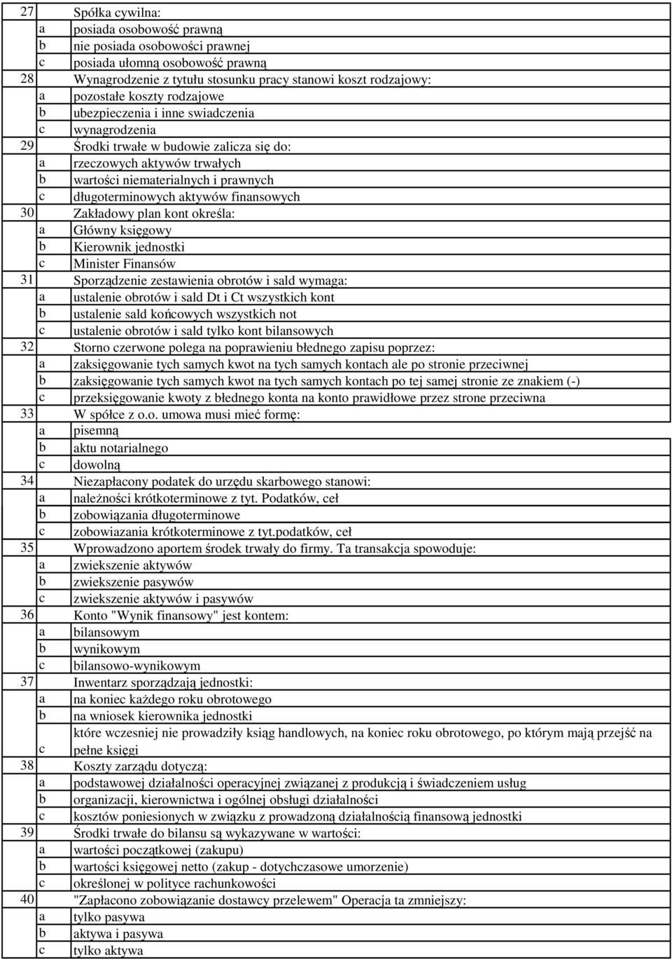 finansowych 30 Zakładowy plan kont określa: a Główny księgowy b Kierownik jednostki c Minister Finansów 31 Sporządzenie zestawienia obrotów i sald wymaga: a ustalenie obrotów i sald Dt i Ct