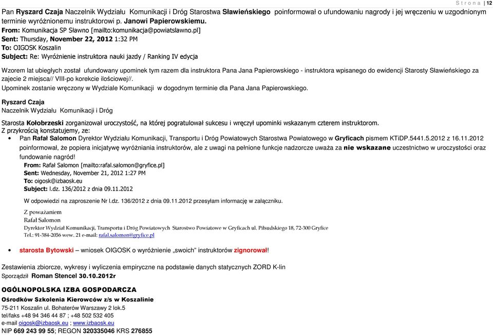 pl] Sent: Thursday, November 22, 2012 1:32 PM To: OIGOSK Koszalin Subject: Re: WyróŜnienie instruktora nauki jazdy / Ranking IV edycja Wzorem lat ubiegłych został ufundowany upominek tym razem dla