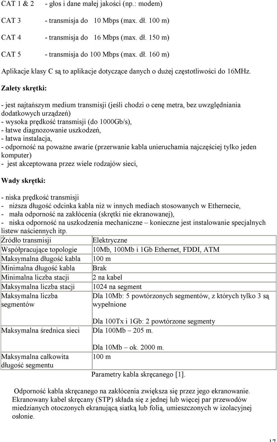 łatwa instalacja, - odporność na poważne awarie (przerwanie kabla unieruchamia najczęściej tylko jeden komputer) - jest akceptowana przez wiele rodzajów sieci, Wady skrętki: - niska prędkość
