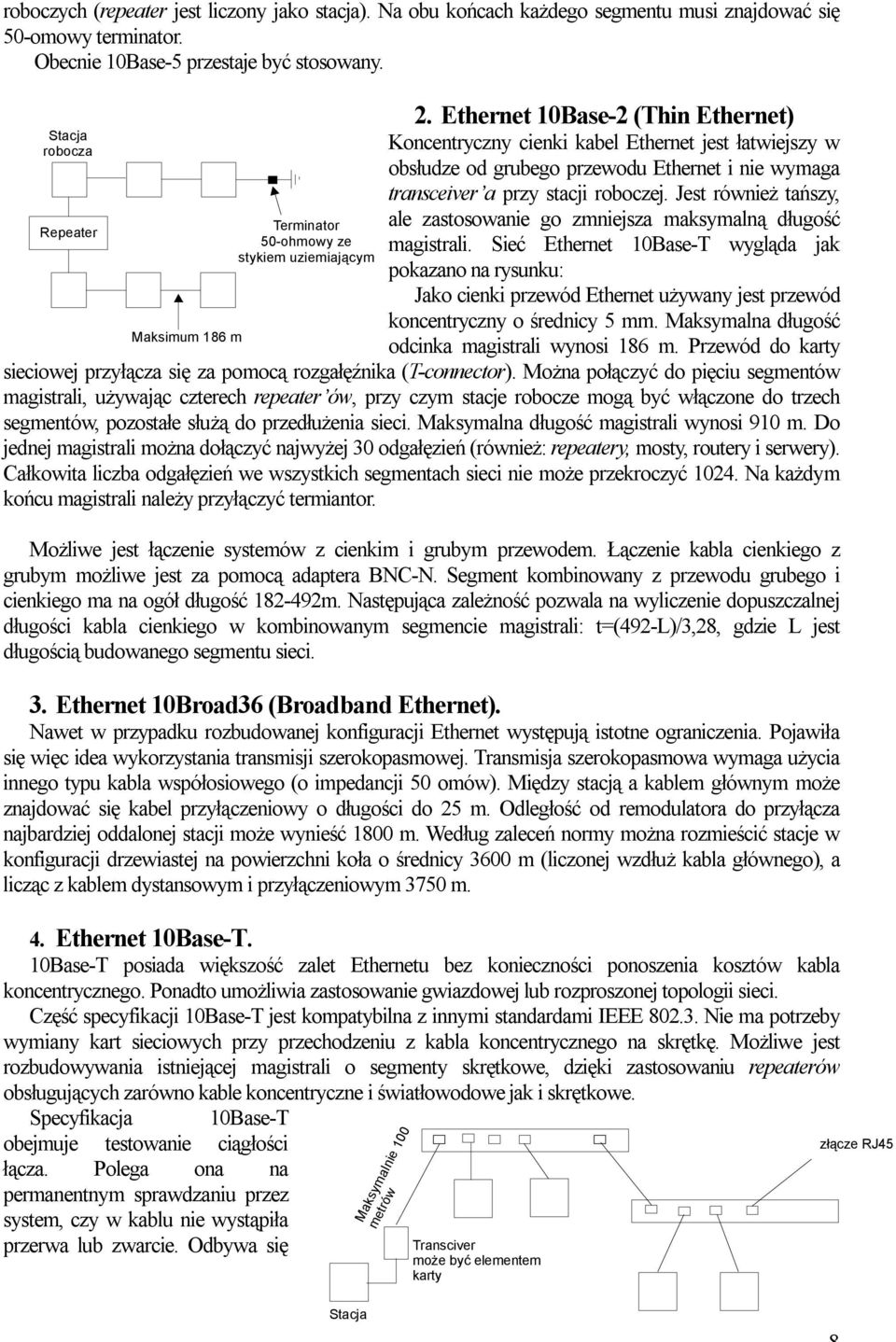 Ethernet 10Base-2 (Thin Ethernet) Koncentryczny cienki kabel Ethernet jest łatwiejszy w obsłudze od grubego przewodu Ethernet i nie wymaga transceiver a przy stacji roboczej.