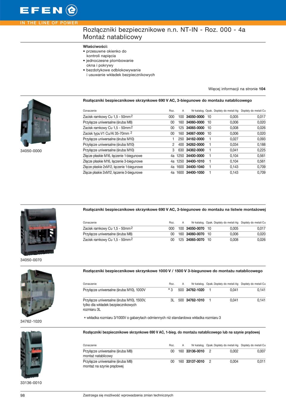 na stronie 104 Rozłączniki bezpiecznikowe skrzynkowe 690 V AC, 3-biegunowe do montażu natablicowego 34050-0000 Zacisk ramkowy Cu 1,5-50mm2 000 100 34050-0000 10 0,005 0,017 Przyłącze uniwersalne