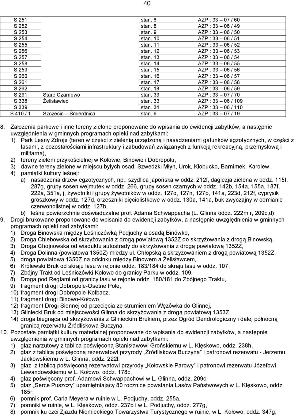 18 AZP : 33 06 / 59 S 291 Stare Czarnowo stan. 33 AZP : 33 07 / 70 S 338 Żelisławiec stan. 33 AZP : 33 06 / 109 S 339 stan. 34 AZP : 33 06 / 110 S 410 / 1 Szczecin Śmierdnica stan.