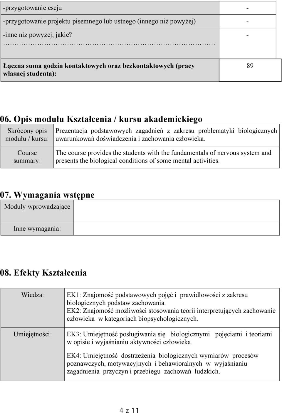 Opis modułu Kształcenia / kursu akademickiego Skrócony opis modułu / kursu: Prezentacja podstawowych zagadnień z zakresu problematyki biologicznych uwarunkowań doświadczenia i zachowania człowieka.